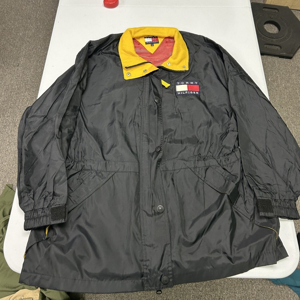 Tommy Hilfiger Sailing Jacket Mens L Black Vintage 90s Colorblock Flag Logo